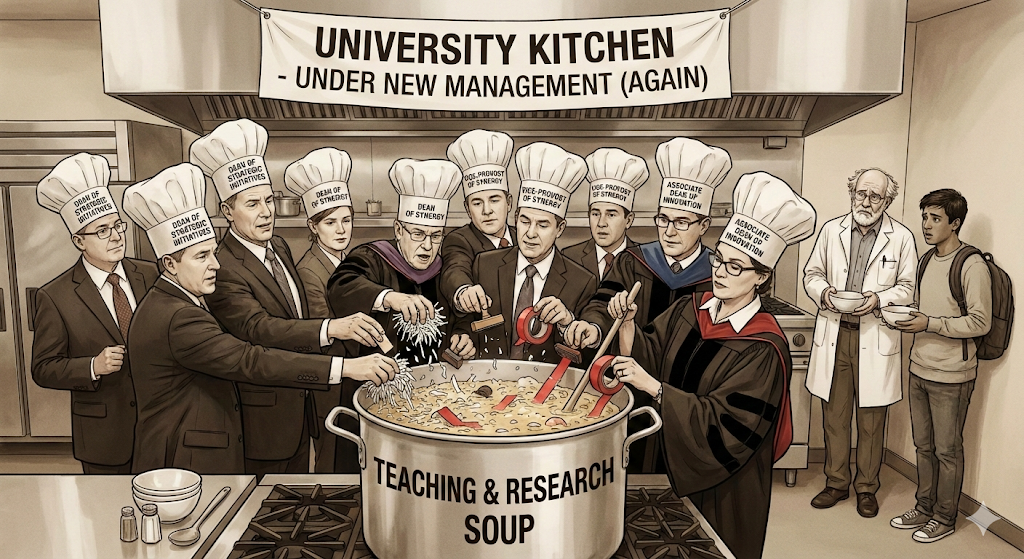Satirical illustration of administrative bloat in higher education, showing too many university administrators, wearing chef hats with titles like 'Dean of Synergy,' chaotically adding red tape and shredded documents to a large pot labeled 'TEACHING & RESEARCH SOUP.' A weary professor in a lab coat and a student hold empty bowls in the background, sidelined from the process. The kitchen banner reads 'UNIVERSITY KITCHEN - UNDER NEW MANAGEMENT (AGAIN).'