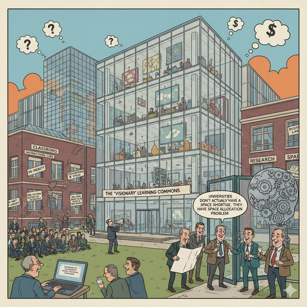 A satirical illustration showing a university campus with a gleaming, new glass building named 'THE VISIONARY LEARNING COMMONS,' filled with people relaxing in lounges and open spaces. This contrasts with two older, overcrowded brick buildings labeled 'CLASSROOMS' and 'RESEARCH,' where faculty and students are packed tightly. In the foreground, a group of administrators in suits celebrates with champagne in front of a sculpture with gears, while a faculty member with a megaphone stands before a crowd of protesting students.